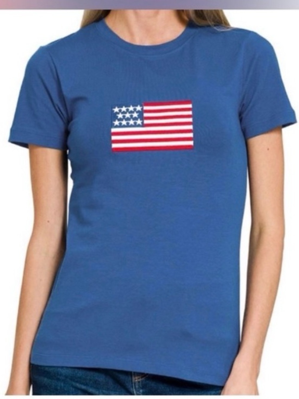 Zenana  Classic Blue  Tee with Embroidered American Flag